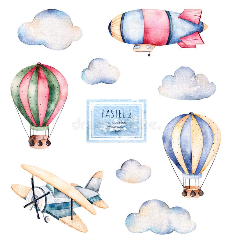 Watercolor collection with air balloons, clouds,airship and the plane in pastel colours.Handpainted air ballons beautifully decorated on white background,pastel clouds and other aircrafts .Pastel set. Watercolor collection with air balloons, clouds,airship and the plane in pastel colours.Handpainted air ballons beautifully decorated on white background,pastel clouds and other aircrafts .Pastel set