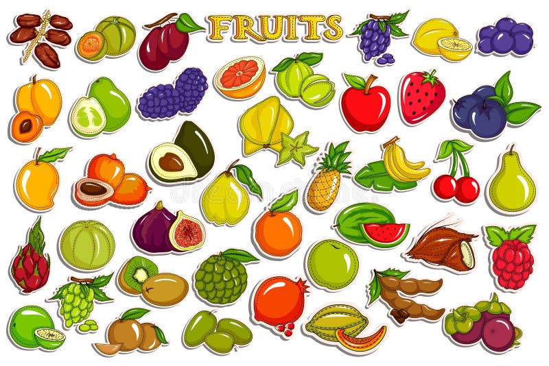 Vector illustration of sticker collection for fresh and healthy assorted fruit. Vector illustration of sticker collection for fresh and healthy assorted fruit