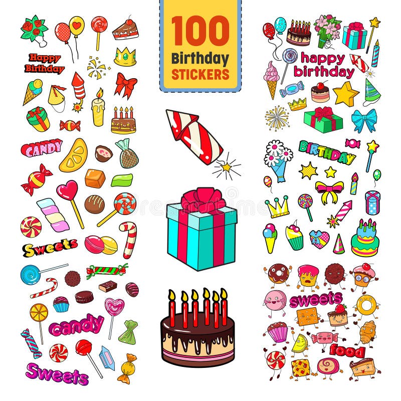 Coleção das etiquetas do feliz aniversario Decoração criançola do partido ajustada com balões, presentes e doces ilustração stock Coleção das etiquetas do feliz aniversario Decoração criançola do partido ajustada com balões, presentes e doces ilustração stock