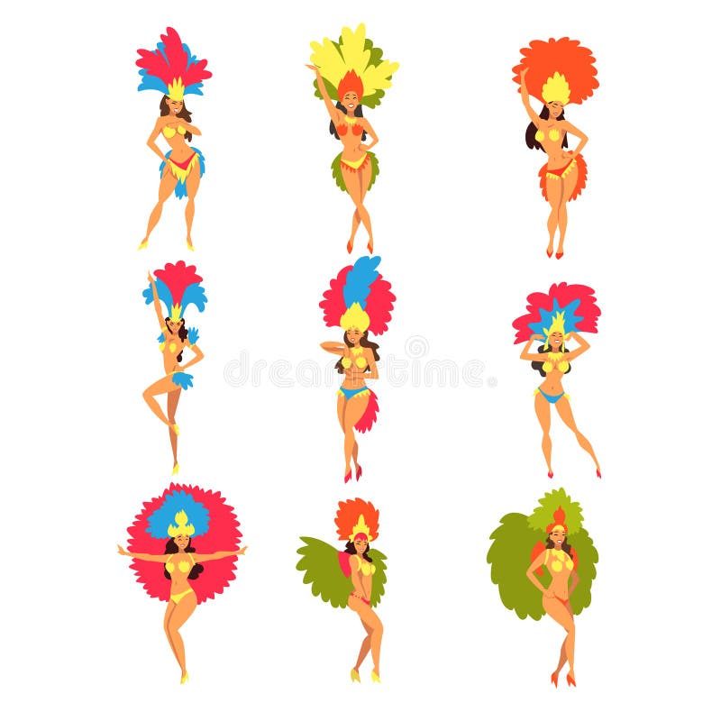 Coleção das meninas bonitas que vestem a dança brilhante dos trajes do festival, carnaval brasileiro Samba Dancers, Rio de janeir ilustração royalty free Coleção das meninas bonitas que vestem a dança brilhante dos trajes do festival, carnaval brasileiro Samba Dancers, Rio de janeir ilustração royalty free