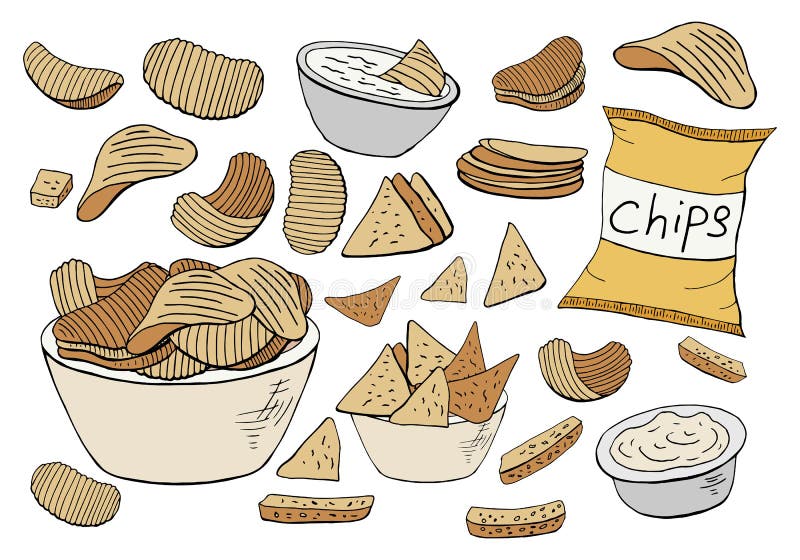 Coleção das microplaquetas de batata do vetor isolada no fundo branco ilustração stock Coleção das microplaquetas de batata do vetor isolada no fundo branco ilustração stock