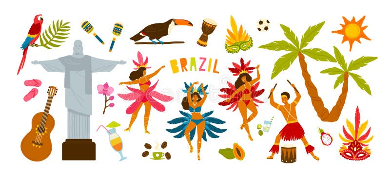 Coleção de atributos tradicionais do carnaval brasileiro - samba fêmea da dança dos dançarinos, músico que joga em cilindros ilustração stock Coleção de atributos tradicionais do carnaval brasileiro - samba fêmea da dança dos dançarinos, músico que joga em cilindros ilustração stock