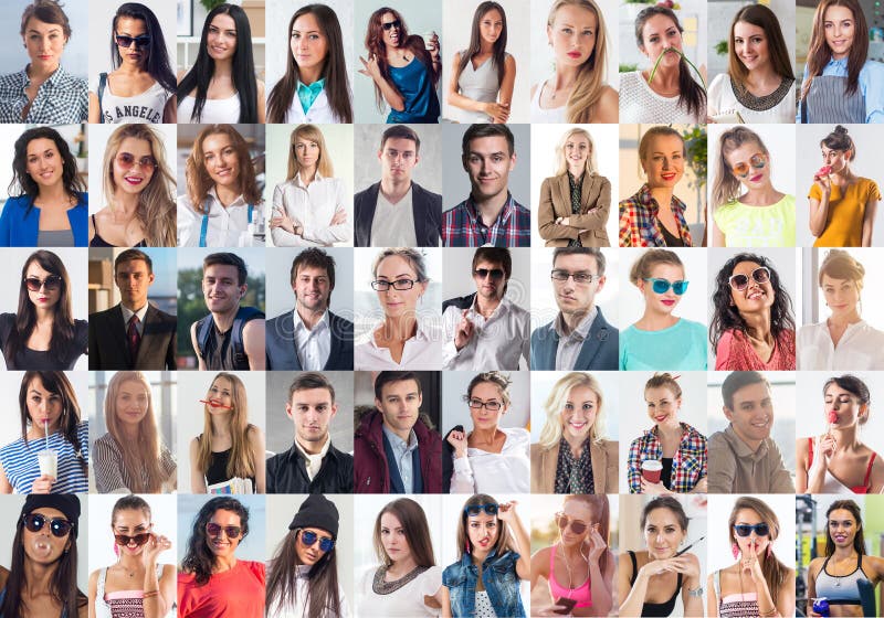 A coleção de diferente muitos jovens de sorriso felizes enfrenta mulheres e homens caucasianos Negócio do conceito, avatar
