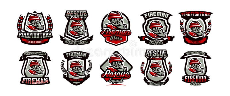 Coleção de emblemas coloridos, logotipo, crachá, sapador-bombeiro em uma máscara de gás, pelotão do salvamento, ilustração do vet ilustração royalty free Coleção de emblemas coloridos, logotipo, crachá, sapador-bombeiro em uma máscara de gás, pelotão do salvamento, ilustração do vet ilustração royalty free