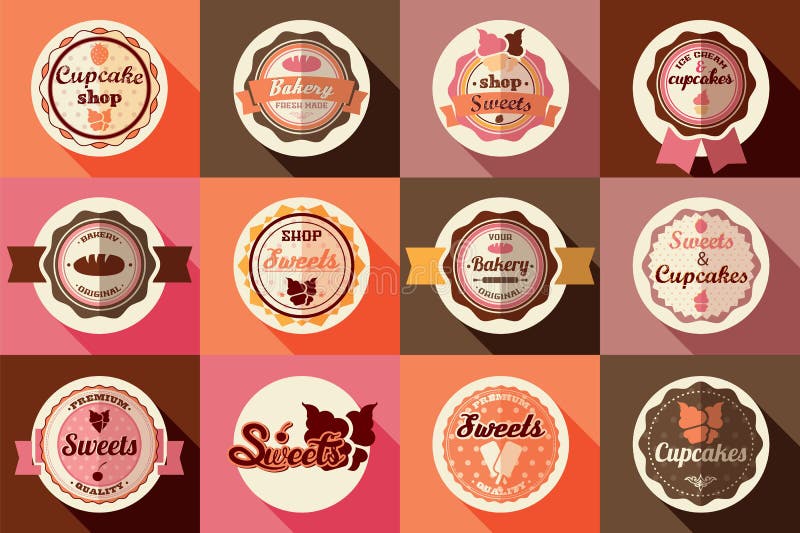 Coleção de etiquetas retros do gelado e do queque do vintage ilustração stock Coleção de etiquetas retros do gelado e do queque do vintage ilustração stock