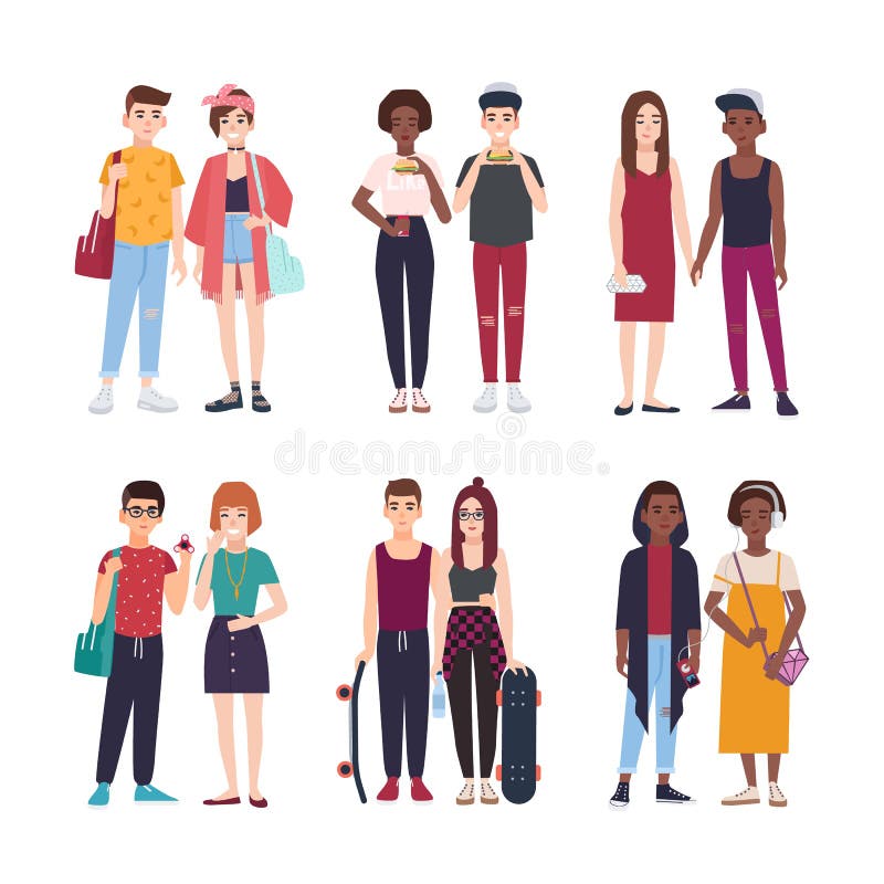 A coleção de pares adolescentes novos vestiu-se na roupa na moda Grupo de pares de meninos e de meninas adolescentes à moda moder ilustração do vetor A coleção de pares adolescentes novos vestiu-se na roupa na moda Grupo de pares de meninos e de meninas adolescentes à moda moder ilustração do vetor