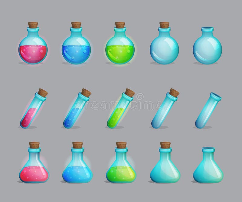 Coleção de poções mágicas e de garrafas para elas ilustração stock Coleção de poções mágicas e de garrafas para elas ilustração stock