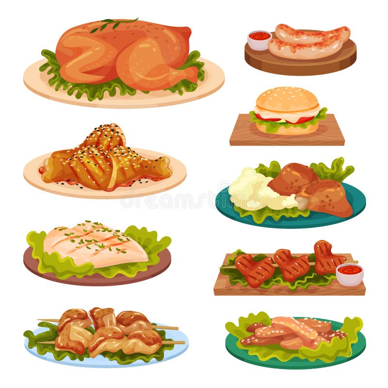 A coleção de pratos saborosos das aves domésticas, carne do frango frito, salsichas, hamburguer serviu na ilustração do vetor das ilustração royalty free A coleção de pratos saborosos das aves domésticas, carne do frango frito, salsichas, hamburguer serviu na ilustração do vetor das ilustração royalty free