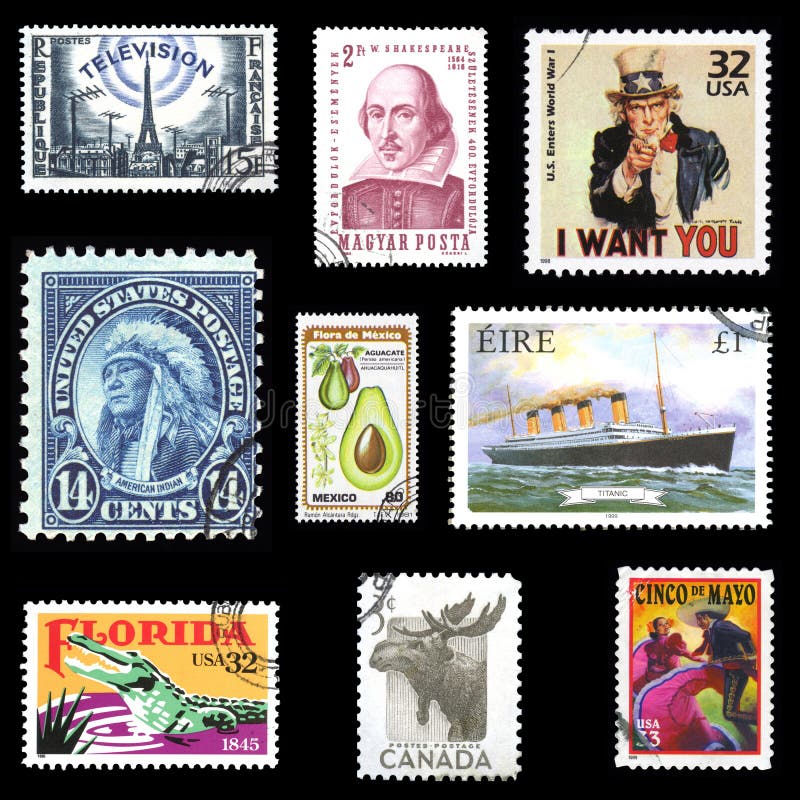 Coleção de selos de porte postal europeus e americanos foto de stock Coleção de selos de porte postal europeus e americanos foto de stock