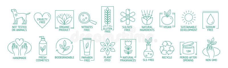 Coleção de símbolos ou de crachás lineares para produtos feitos a mão amigáveis do eco natural, cosméticos orgânicos, vegetariano