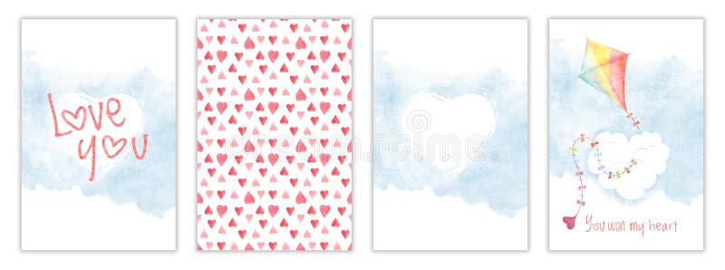 Coleção do cartão da aquarela do dia de Valentim ilustração stock Coleção do cartão da aquarela do dia de Valentim ilustração stock