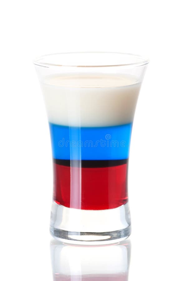 Shot cocktail collection: Russian Flag alcohol cocktail isolated on white background. Ingredients: 1 oz Grenadine, 1 oz Blue Curacao, 0.5 oz Vodka, 0.5 oz Baileys Irish Cream. Shot cocktail collection: Russian Flag alcohol cocktail isolated on white background. Ingredients: 1 oz Grenadine, 1 oz Blue Curacao, 0.5 oz Vodka, 0.5 oz Baileys Irish Cream