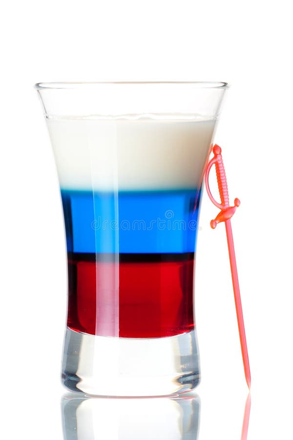 Shot cocktail collection: Russian Flag alcohol cocktail isolated on white background. Ingredients: 1 oz Grenadine, 1 oz Blue Curacao, 0.5 oz Vodka, 0.5 oz Baileys Irish Cream. Shot cocktail collection: Russian Flag alcohol cocktail isolated on white background. Ingredients: 1 oz Grenadine, 1 oz Blue Curacao, 0.5 oz Vodka, 0.5 oz Baileys Irish Cream