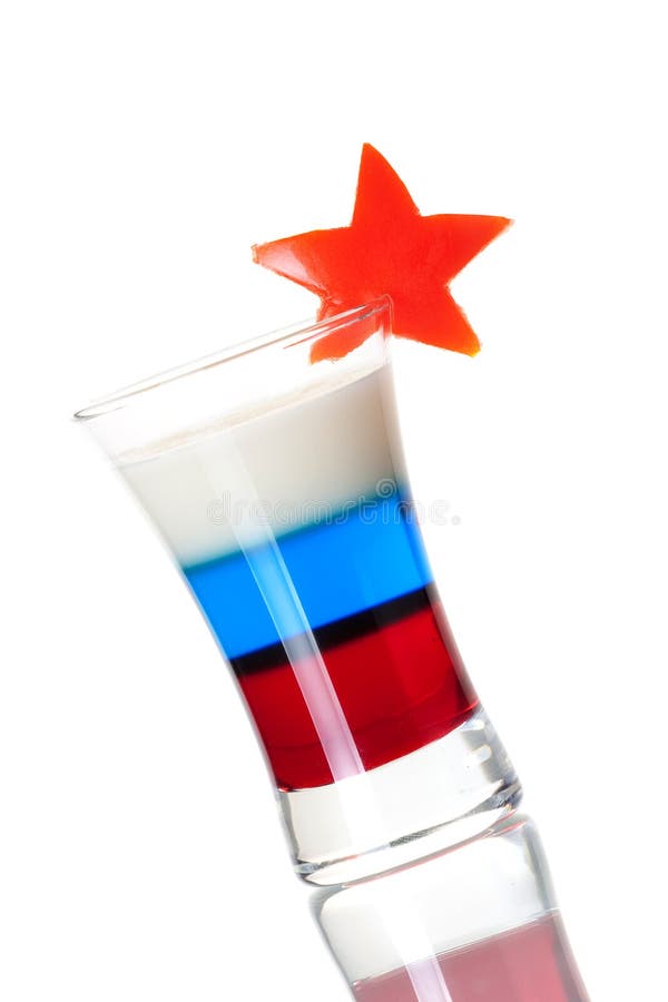 Shot cocktail collection: Russian Flag alcohol cocktail isolated on white background. Ingredients: 1 oz Grenadine, 1 oz Blue Curacao, 0.5 oz Vodka, 0.5 oz Baileys Irish Cream. Shot cocktail collection: Russian Flag alcohol cocktail isolated on white background. Ingredients: 1 oz Grenadine, 1 oz Blue Curacao, 0.5 oz Vodka, 0.5 oz Baileys Irish Cream