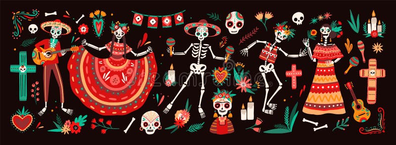 Coleção do dia tradicional dos símbolos inoperantes - esqueletos vestidos nos trajes mexicanos populares que jogam a guitarra, ma