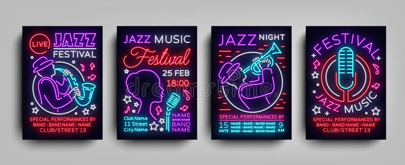 Coleção do néon dos cartazes de Jazz Festival Sinal de néon, folheto de néon do estilo, molde do convite do projeto para a música ilustração royalty free Coleção do néon dos cartazes de Jazz Festival Sinal de néon, folheto de néon do estilo, molde do convite do projeto para a música ilustração royalty free