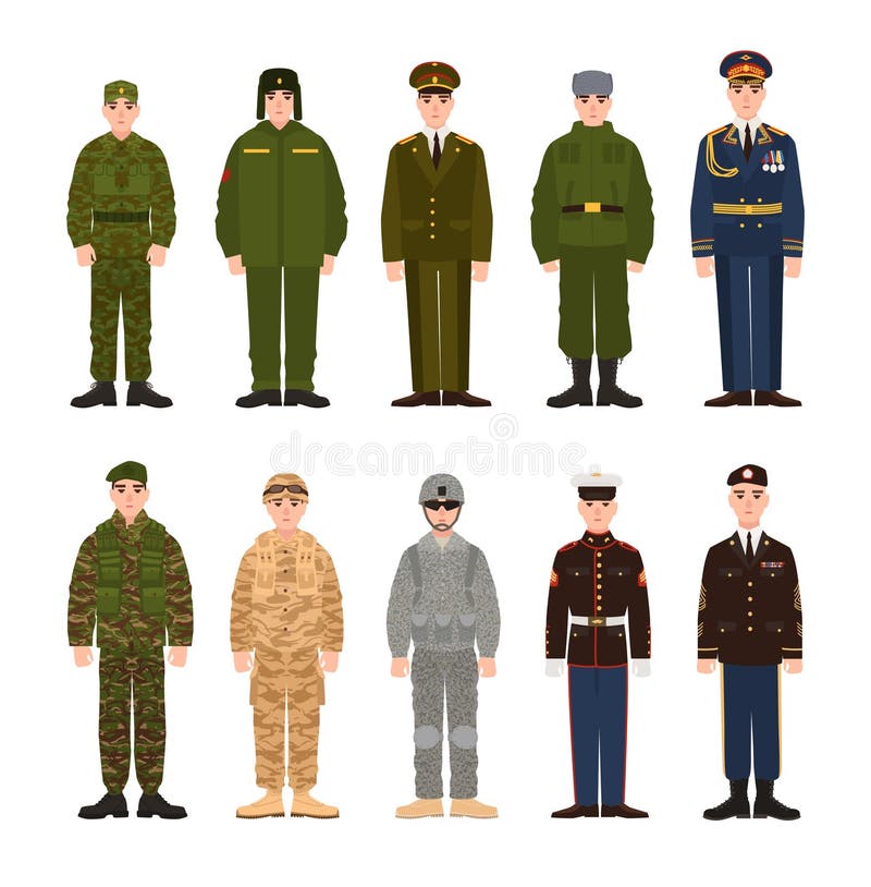 A coleção do russo e povos ou pessoais militares americanos vestiu-se no vário uniforme Pacote de soldados de Rússia