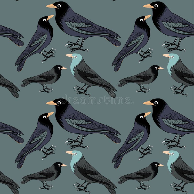 Coleção do teste padrão sem emenda dos vários pássaros pretos ilustração do vetor na obscuridade - fundo verde ilustração stock Coleção do teste padrão sem emenda dos vários pássaros pretos ilustração do vetor na obscuridade - fundo verde ilustração stock