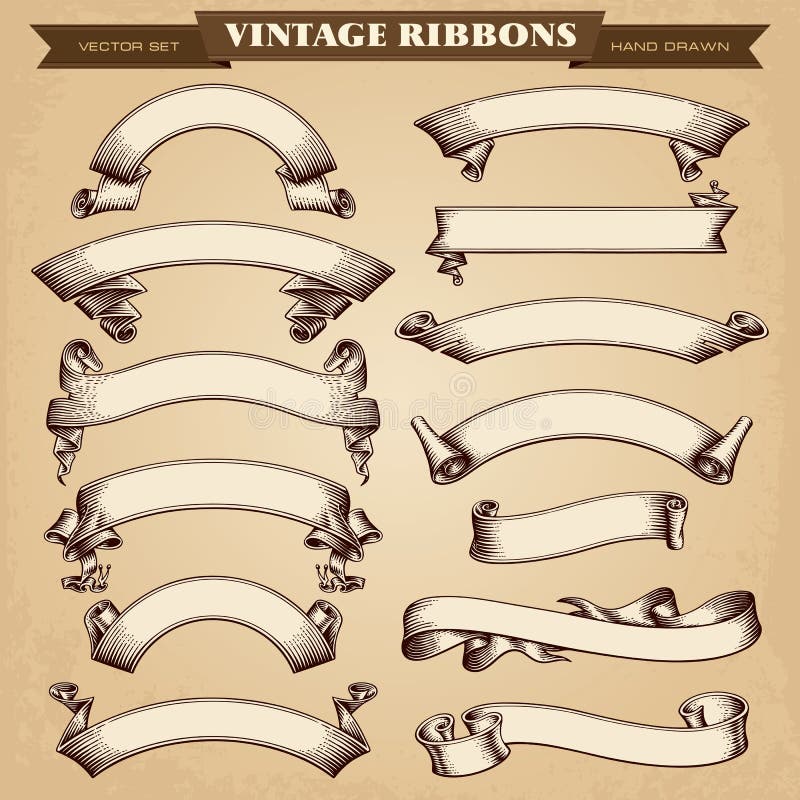 Vintage Ribbon Banners Hand-drawn Vector Collection. Vintage Ribbon Banners Hand-drawn Vector Collection