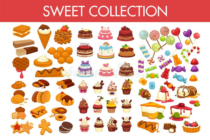 Coleção doce de sobremesas deliciosas e de doces coloridos ilustração do vetor Coleção doce de sobremesas deliciosas e de doces coloridos ilustração do vetor