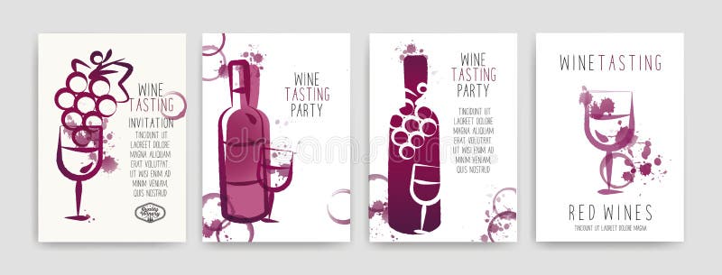 Coleção dos moldes com projetos do vinho Folhetos, cartazes, cartões do convite, bandeiras da promoção, menus Manchas do vinho CM ilustração royalty free Coleção dos moldes com projetos do vinho Folhetos, cartazes, cartões do convite, bandeiras da promoção, menus Manchas do vinho CM ilustração royalty free