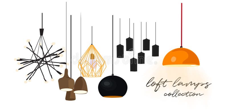 Coleção industrial das lâmpadas do estilo Ilustração do vetor Bandeira da site anúncio em linha do logotipo da loja Design de int