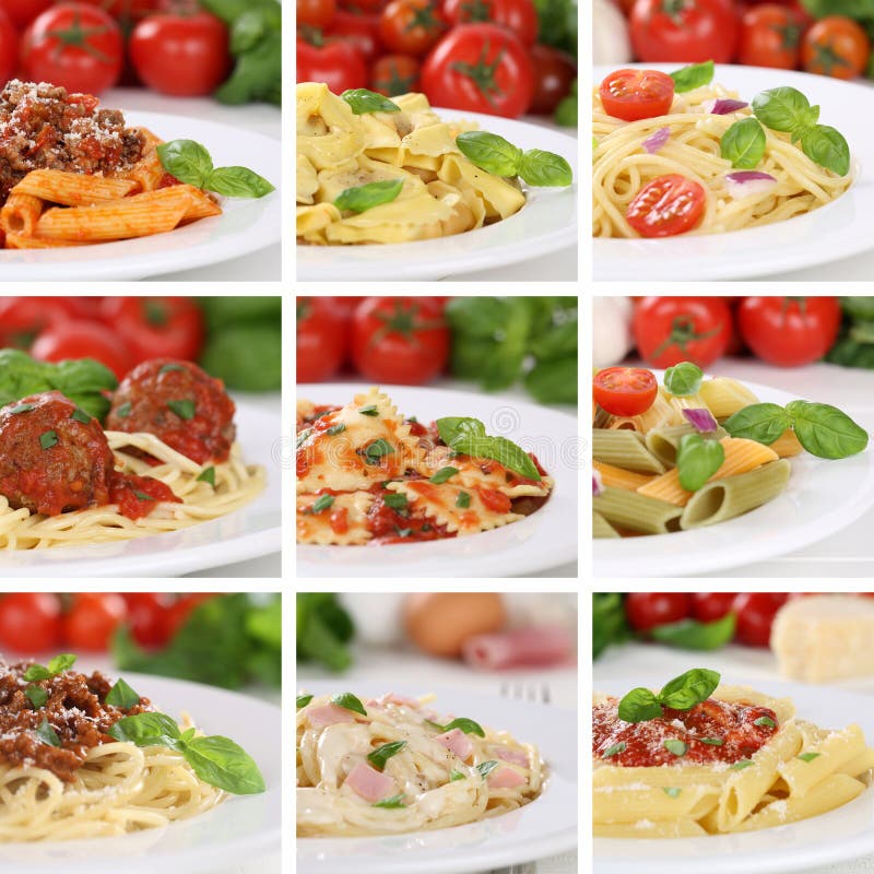 Coleção italiana da culinária de refeições do alimento dos macarronetes da massa dos espaguetes fotografia de stock Coleção italiana da culinária de refeições do alimento dos macarronetes da massa dos espaguetes fotografia de stock