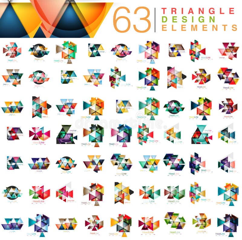 Coleção mega de 63 elementos modernos do projeto do sumário dos triângulos da cor ilustração royalty free Coleção mega de 63 elementos modernos do projeto do sumário dos triângulos da cor ilustração royalty free