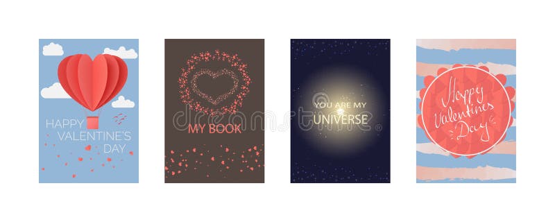 Coleções dos cartões para o dia de Valentim feliz, meu livro, você é meu universo Cartaz da tipografia, cartão, etiqueta, grupo d ilustração do vetor Coleções dos cartões para o dia de Valentim feliz, meu livro, você é meu universo Cartaz da tipografia, cartão, etiqueta, grupo d ilustração do vetor