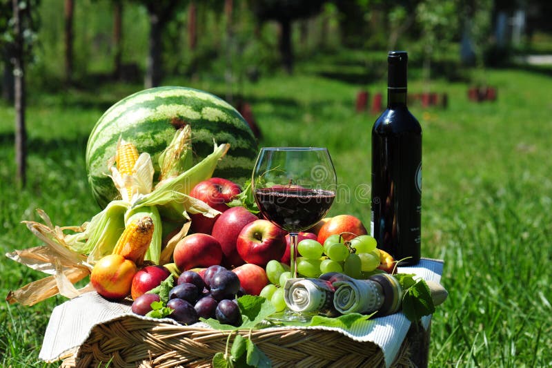Colheita do outono: frutas sazonais e vinho vermelho