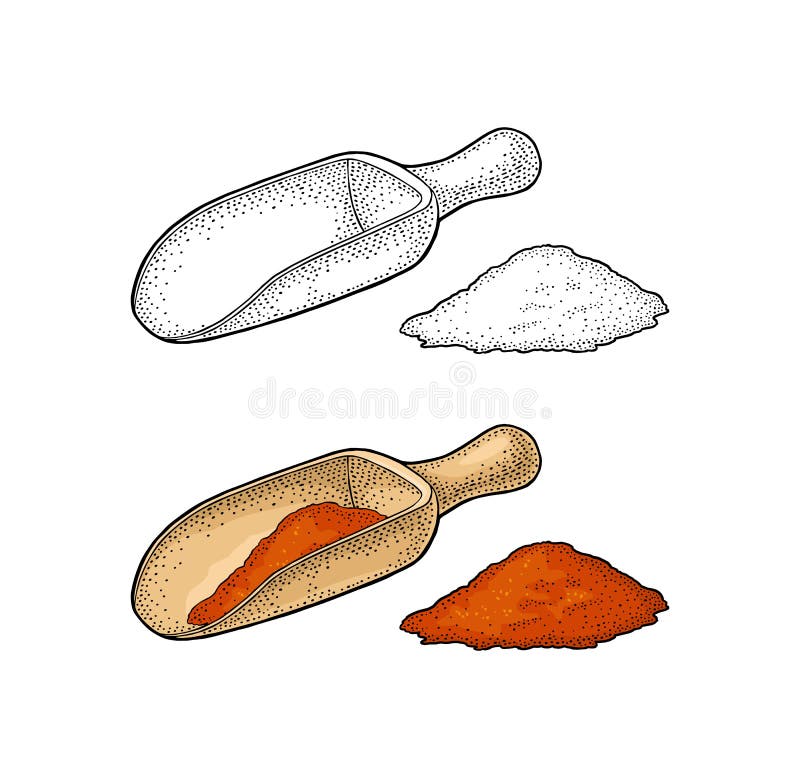Colher de madeira com pimenta esmagada da parte Gravura do vintage ilustração stock Colher de madeira com pimenta esmagada da parte Gravura do vintage ilustração stock