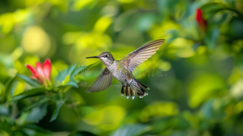 Colibrì in gola in volo tra vegetazione e fiori di lussuria illustrazione di stock