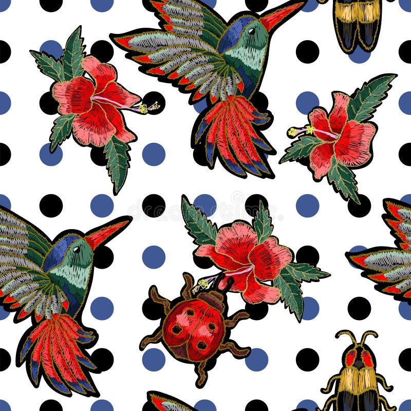 Colibrí del bordado, flores del hibisco, mariposa y mariquita ilustración del vector Colibrí del bordado, flores del hibisco, mariposa y mariquita ilustración del vector