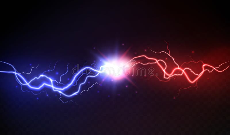 Lightning collision. Powerful colored lightnings, electric forces thunderbolt clash electrical energy sparkling blast, vector versus bright design confrontation concept. Lightning collision. Powerful colored lightnings, electric forces thunderbolt clash electrical energy sparkling blast, vector versus bright design confrontation concept