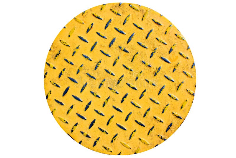 Colisões gastas da segurança no assoalho pintado amarelo do metal Placa redonda, isolada contra o fundo branco fotos de stock Colisões gastas da segurança no assoalho pintado amarelo do metal Placa redonda, isolada contra o fundo branco fotos de stock