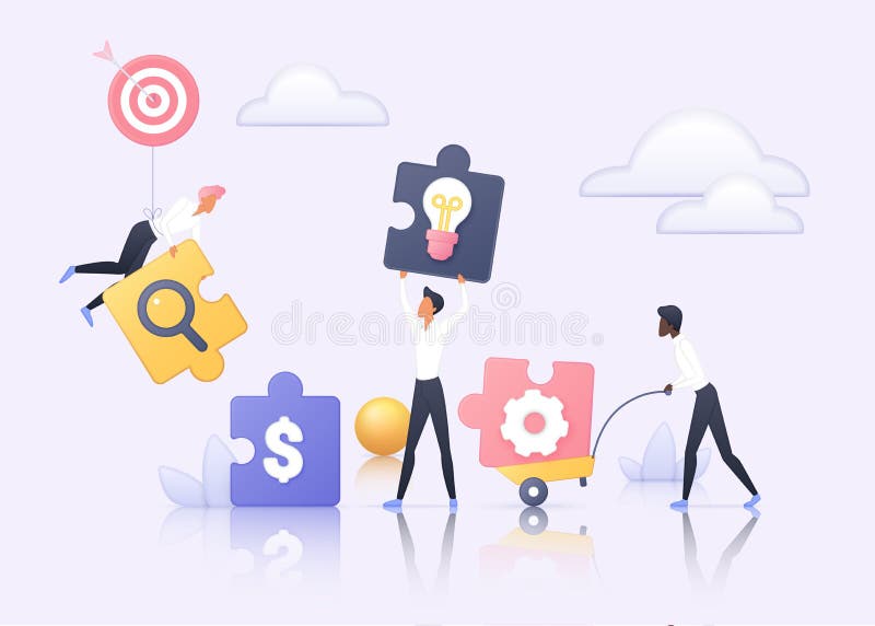Man holding in hand puzzle element and looks for a solution to assemble  last jigsaw piece. Concept of project finishing, work solutions, suggestion  of creative ideas. Flat style vector illustration. 4737057 Vector