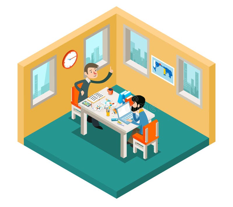 Collaboration créative Les hommes d'affaires team le travail dans le concept 3d isométrique de bureau illustration stock Collaboration créative Les hommes d'affaires team le travail dans le concept 3d isométrique de bureau illustration stock
