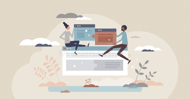 Collaboration and effective distant, online teamwork task tiny person concept vector illustration
