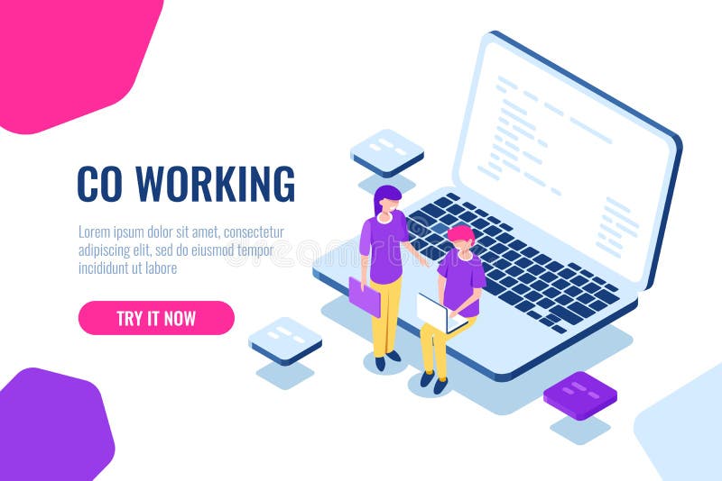 Collaboration isometric, coworking space, young people programmer developer, laptop with program code cartoon vector illustration