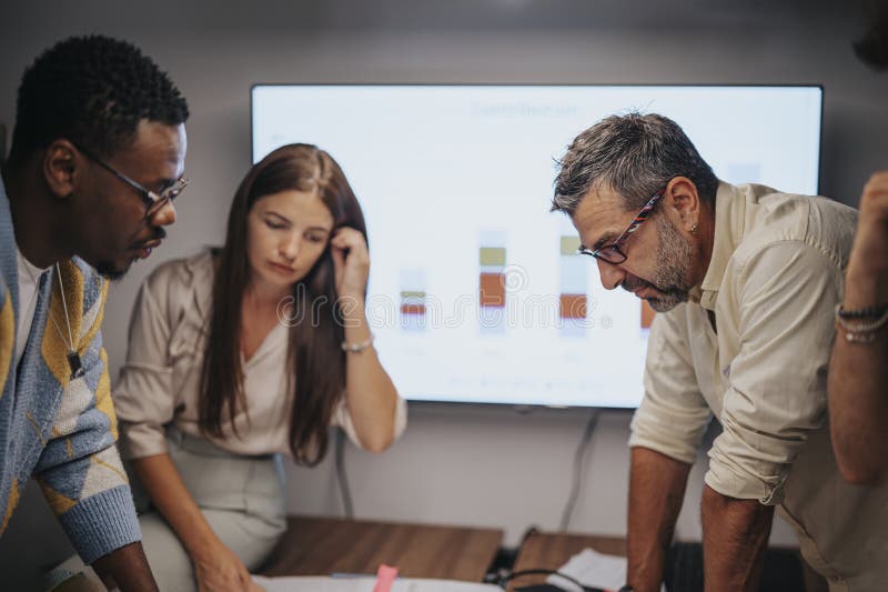 Multicultural business team discussing architectural blueprints in a collaborative office meeting. stock photography