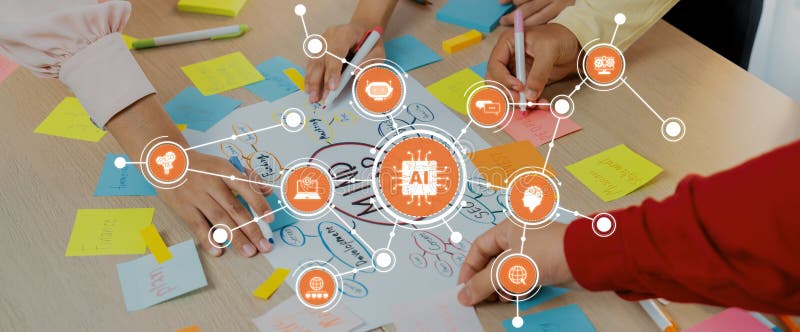 Collaborative brainstorming session with diverse hands, sticky notes, mind map, and artificial intelligence concept on stock images