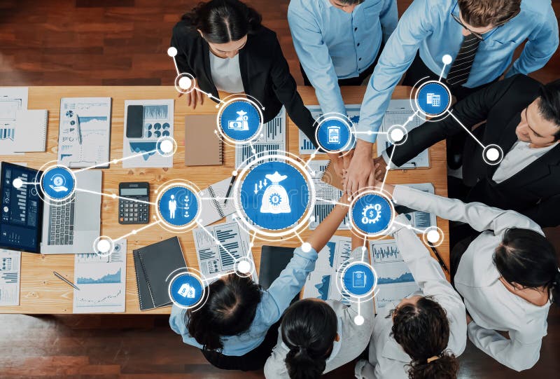 Collaborative Business Teamwork for Project Reduction with Data Visualization and Strategic Goal Setting in Modern royalty free stock photo