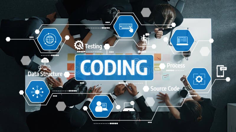 Collaborative Coding Session with Diverse Professionals Analyzing Data Structures and Source Code in a Modern Office vector illustration