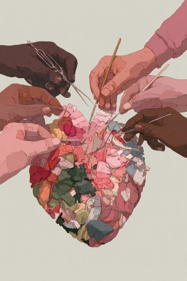 Collaborative hands creating a multicolored patchwork heart using needles and thread stock photography