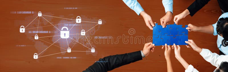Collaborative Teamwork on Cybersecurity with Data Protection and Network Security Visual Elements in a Modern Office