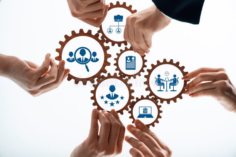 Collaborative Teamwork and Professional Development with Gears Icon Symbols Representing Business Strategy and Human royalty free stock image