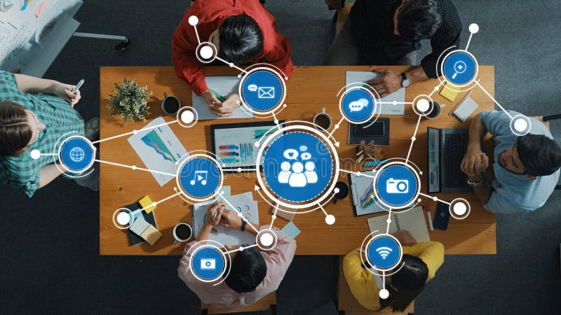 Collaborative Workspace with Digital Media Connections and Communication Icons in a Team Environment. Amity royalty free stock image