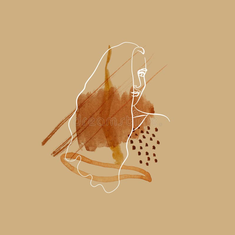  Collage Abstracto Dibujado a Mano Con Dibujo De Una Sola Línea De Mujer Y Acuarela Textura De Pintura. Colores Tierra Neutros. Stock de ilustración
