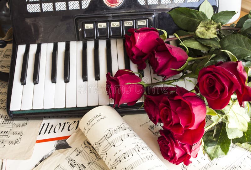 Collage with accordion and red roses stock photos Collage with accordion and red roses stock photos