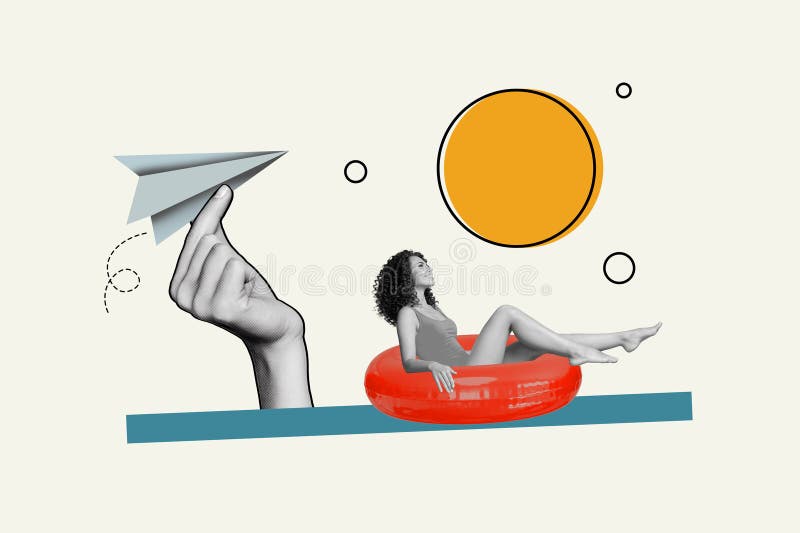Collage advert woman all inclusive hotel paper plane arrived sunny weather swimming pool lifebuoy tanning isolated on royalty free stock photos